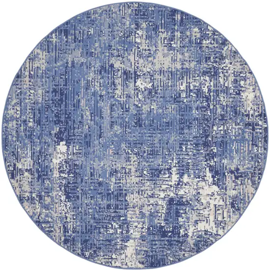 5' Ivory and Blue Abstract Distressed Round Rug Photo 2