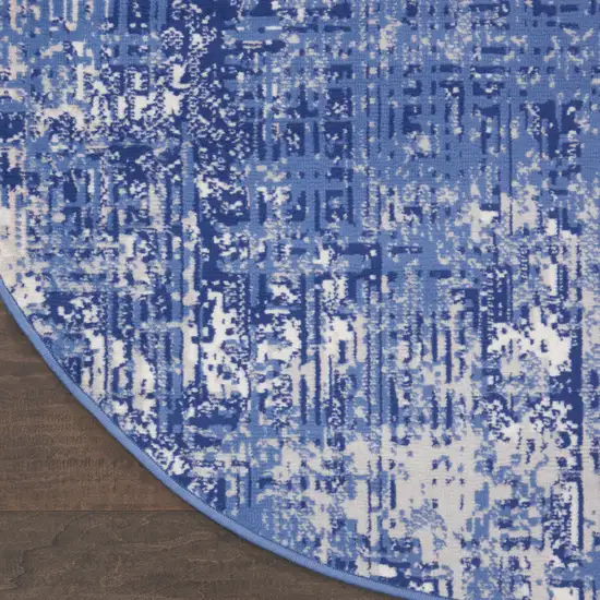 5' Ivory and Blue Abstract Distressed Round Rug Photo 6