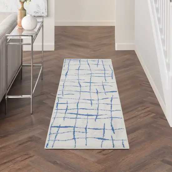 6' Ivory and Blue Abstract Geometric Distressed Runner Rug Photo 8