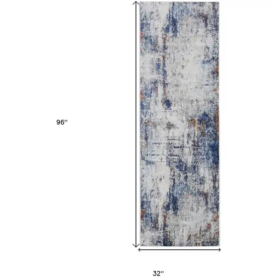 8' Ivory and Blue Abstract Power Loom Distressed Runner Rug Photo 6