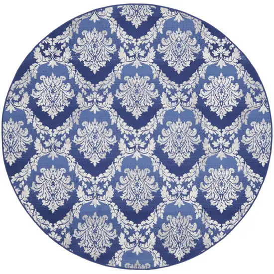 8' Ivory and Blue Damask Distressed Round Rug Photo 2