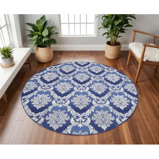 8' Ivory and Blue Damask Distressed Round Rug Photo 1