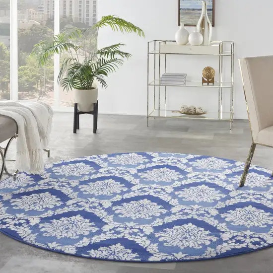 8' Ivory and Blue Damask Distressed Round Rug Photo 6