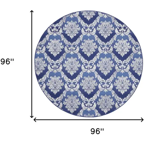 8' Ivory and Blue Damask Distressed Round Rug Photo 3