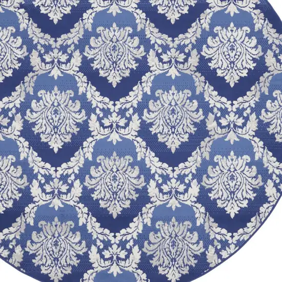 8' Ivory and Blue Damask Distressed Round Rug Photo 4