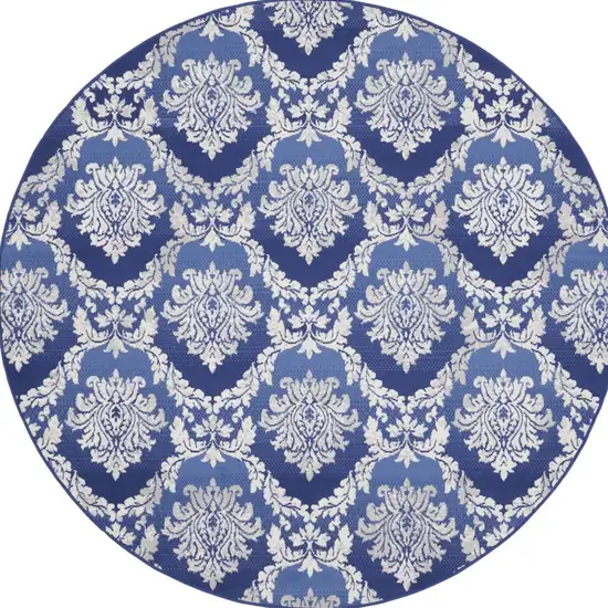 8' Ivory and Blue Damask Distressed Round Rug Photo 5