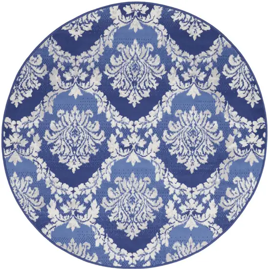 5' Ivory and Blue Damask Distressed Round Rug Photo 2