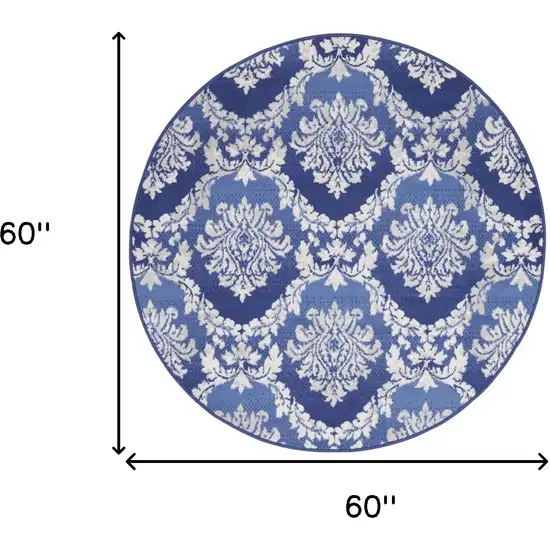 5' Ivory and Blue Damask Distressed Round Rug Photo 3