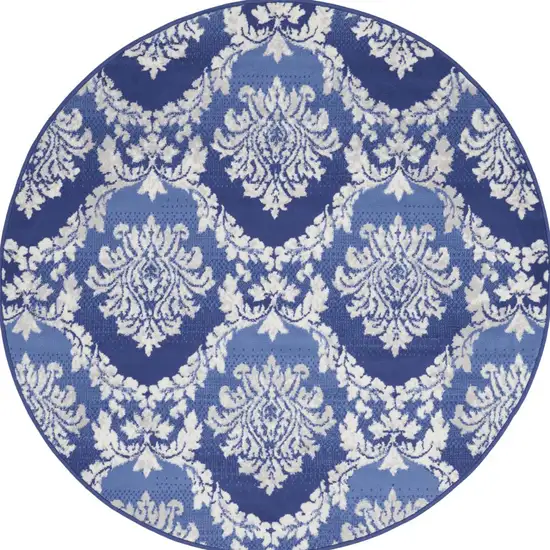 5' Ivory and Blue Damask Distressed Round Rug Photo 5