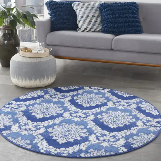 5' Ivory and Blue Damask Distressed Round Rug Photo 6