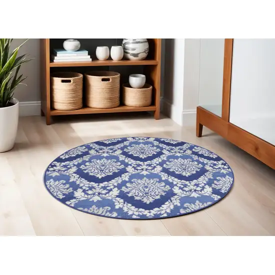 5' Ivory and Blue Damask Distressed Round Rug Photo 1