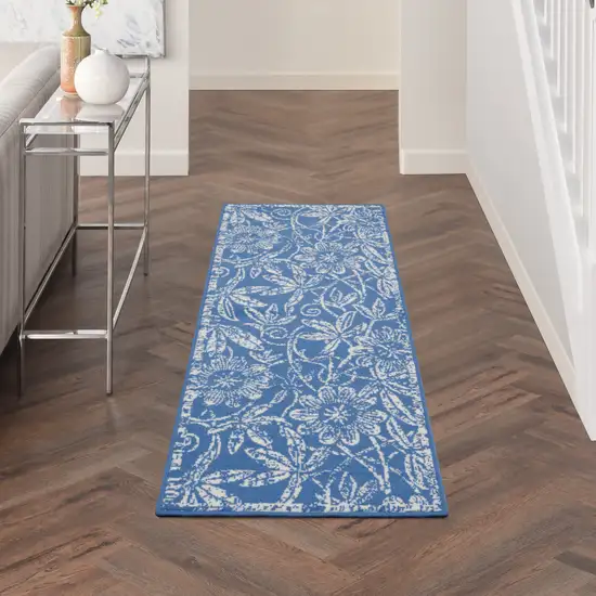 8' Ivory and Blue Floral Distressed Non Skid Runner Rug Photo 7