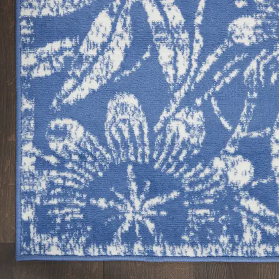 8' Ivory and Blue Floral Distressed Non Skid Runner Rug Photo 8