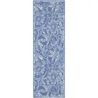 Photo of 8' Ivory and Blue Floral Distressed Non Skid Runner Rug