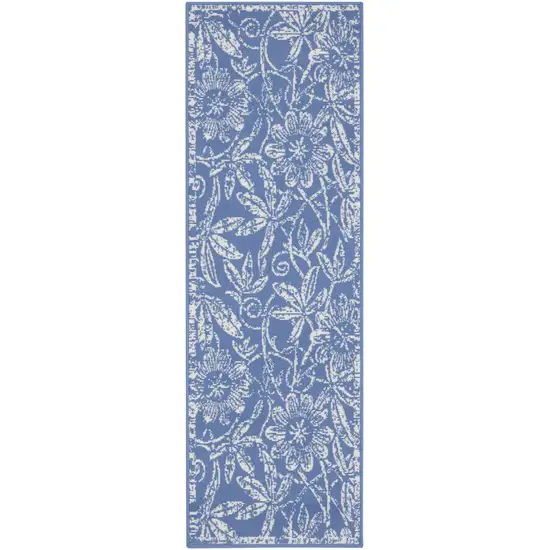 8' Ivory and Blue Floral Distressed Non Skid Runner Rug Photo 2