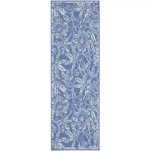 Photo of 8' Ivory and Blue Floral Distressed Non Skid Runner Rug