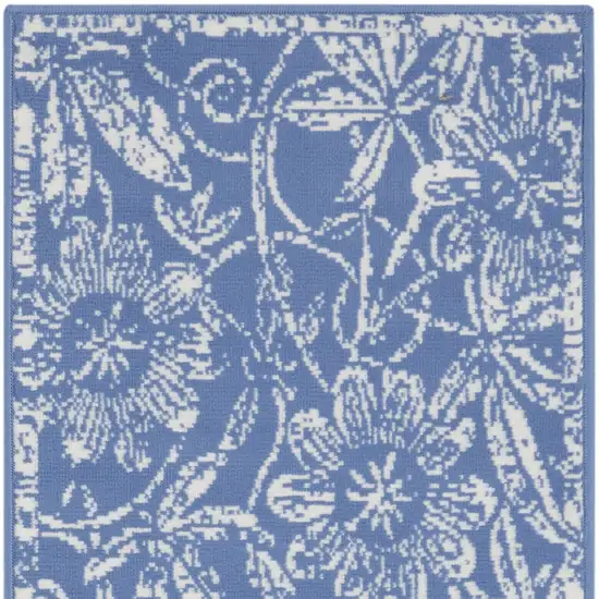 8' Ivory and Blue Floral Distressed Non Skid Runner Rug Photo 6