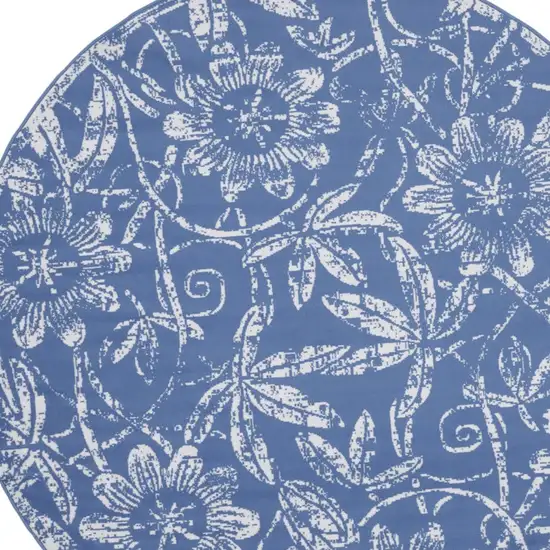 8' Ivory and Blue Floral Distressed Round Rug Photo 5