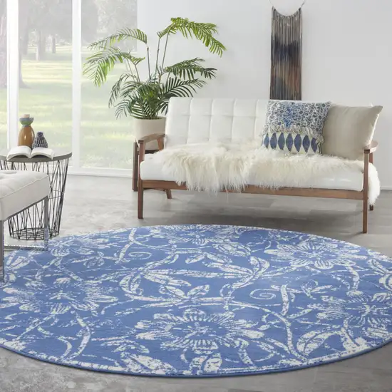 8' Ivory and Blue Floral Distressed Round Rug Photo 7