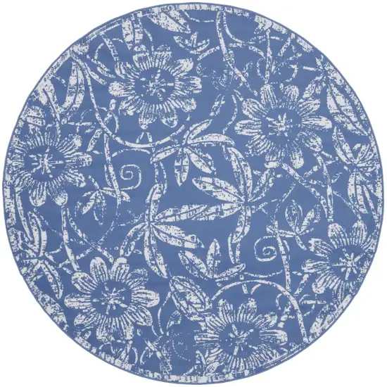 8' Ivory and Blue Floral Distressed Round Rug Photo 2