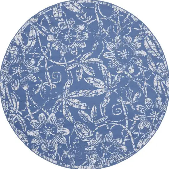 8' Ivory and Blue Floral Distressed Round Rug Photo 6