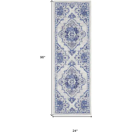 8' Ivory and Blue Floral Medallion Distressed Non Skid Runner Rug Photo 3