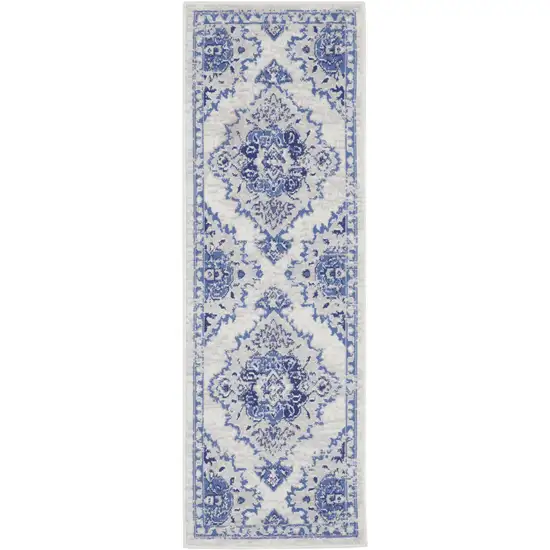 8' Ivory and Blue Floral Medallion Distressed Non Skid Runner Rug Photo 2