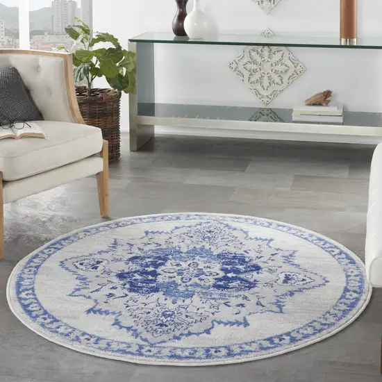 5' Ivory and Blue Floral Medallion Round Rug Photo 6