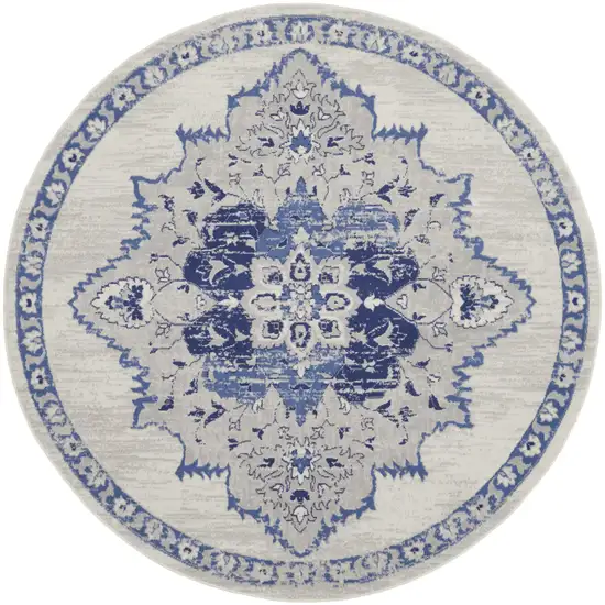 5' Ivory and Blue Floral Medallion Round Rug Photo 2