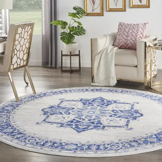 8' Ivory and Blue Floral Round Rug Photo 8