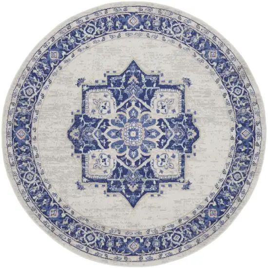 8' Ivory and Blue Floral Round Rug Photo 2