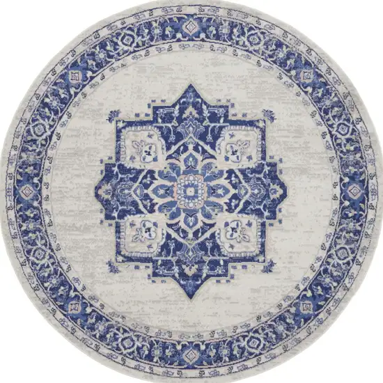 8' Ivory and Blue Floral Round Rug Photo 6