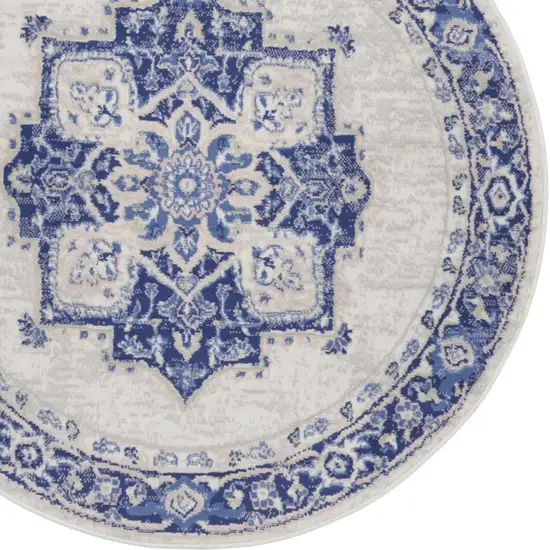 5' Ivory and Blue Floral Round Rug Photo 5