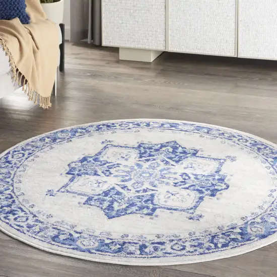 5' Ivory and Blue Floral Round Rug Photo 8