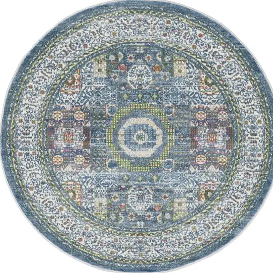 4' Ivory and Blue Geometric Distressed Non Skid Round Rug Photo 8