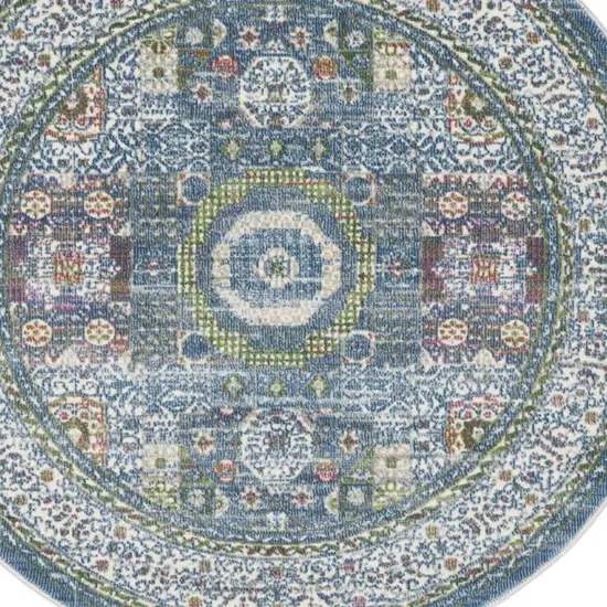 4' Ivory and Blue Geometric Distressed Non Skid Round Rug Photo 7