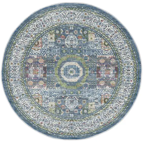 4' Ivory and Blue Geometric Distressed Non Skid Round Rug Photo 2