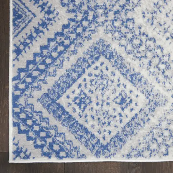 8' Ivory and Blue Geometric Distressed Non Skid Runner Rug Photo 4