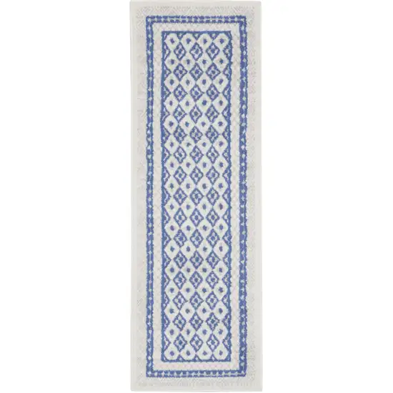 8' Ivory and Blue Geometric Distressed Non Skid Runner Rug Photo 2