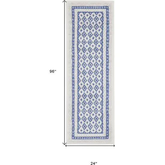 8' Ivory and Blue Geometric Distressed Non Skid Runner Rug Photo 3