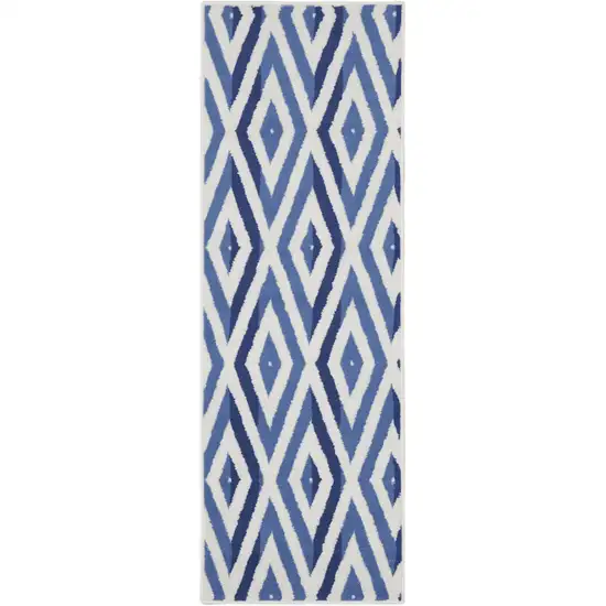 8' Ivory and Blue Geometric Distressed Non Skid Runner Rug Photo 7