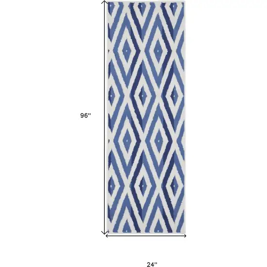 8' Ivory and Blue Geometric Distressed Non Skid Runner Rug Photo 3