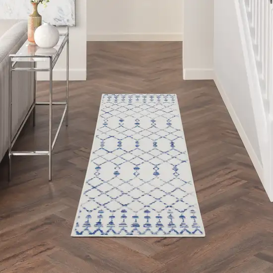 8' Ivory and Blue Geometric Distressed Non Skid Runner Rug Photo 8