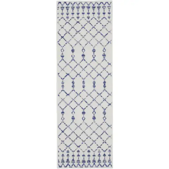 8' Ivory and Blue Geometric Distressed Non Skid Runner Rug Photo 2