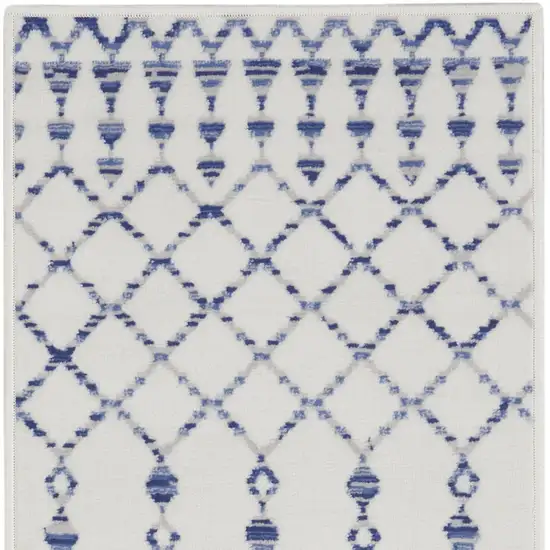 8' Ivory and Blue Geometric Distressed Non Skid Runner Rug Photo 7