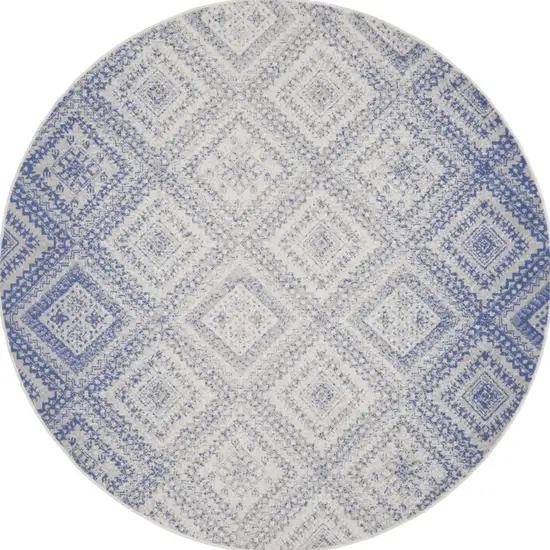 8' Ivory and Blue Geometric Distressed Round Rug Photo 5