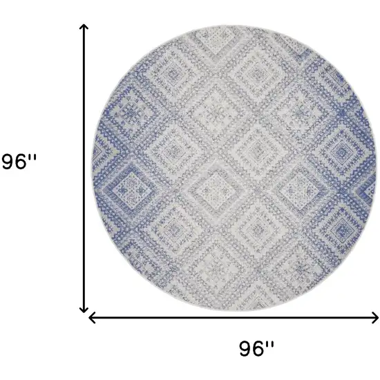 8' Ivory and Blue Geometric Distressed Round Rug Photo 3