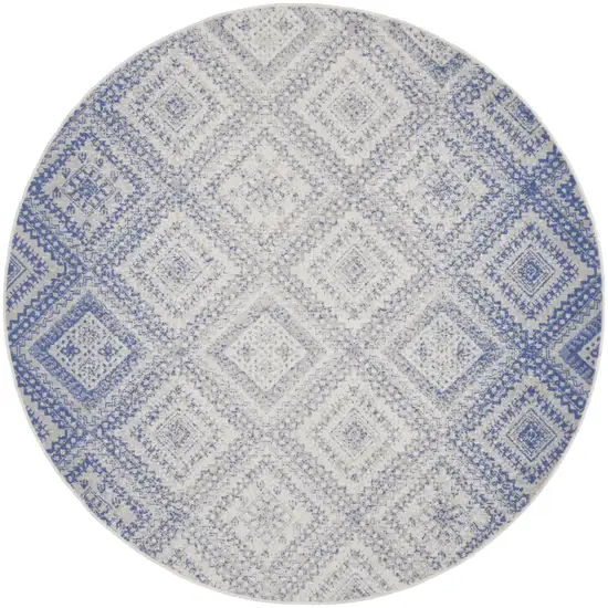 8' Ivory and Blue Geometric Distressed Round Rug Photo 2