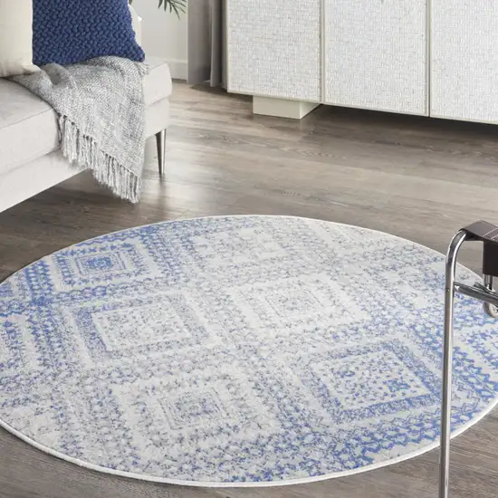 5' Ivory and Blue Geometric Distressed Round Rug Photo 8