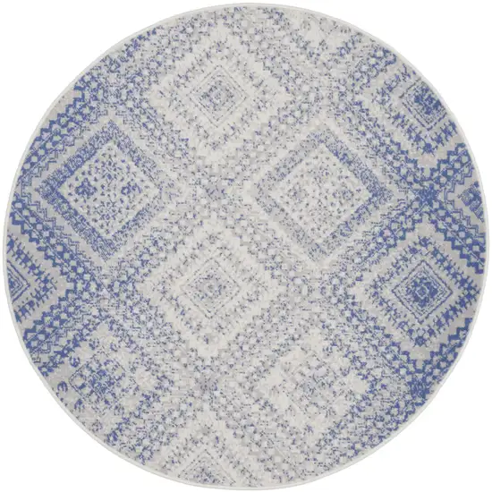 5' Ivory and Blue Geometric Distressed Round Rug Photo 2